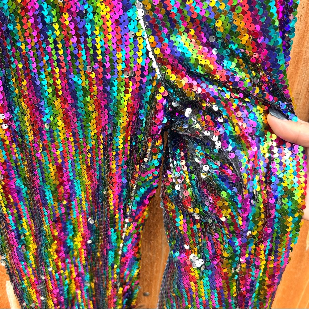 SUGARLIPS Rainbow Sequin Wide Leg Flare Pants Party Shimmer Glitter Size S - Picture 5 of 8